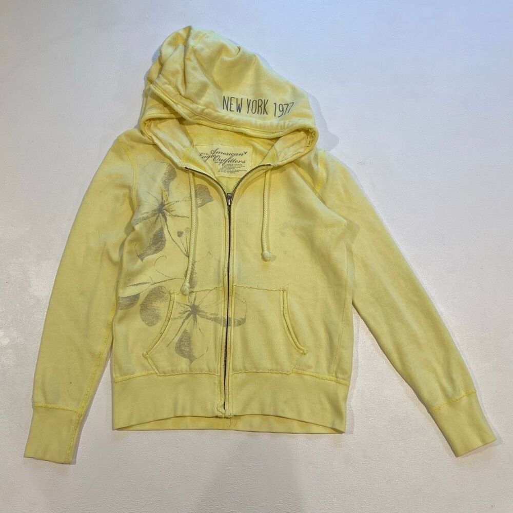 American Eagle Yellow Zip Up Hoodie New York 1977 Floral Graphic Women’s